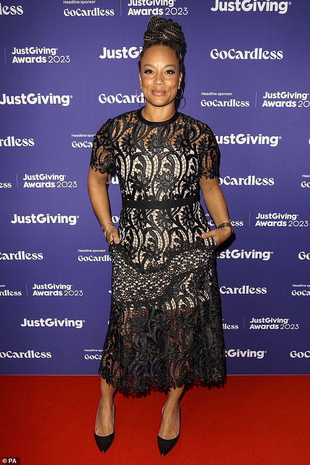 Spotless!  Angela Griffin wore a chic black lace dress with a nude underlay as she arrived for the event, which honored fundraisers and charities who have used JustGiving