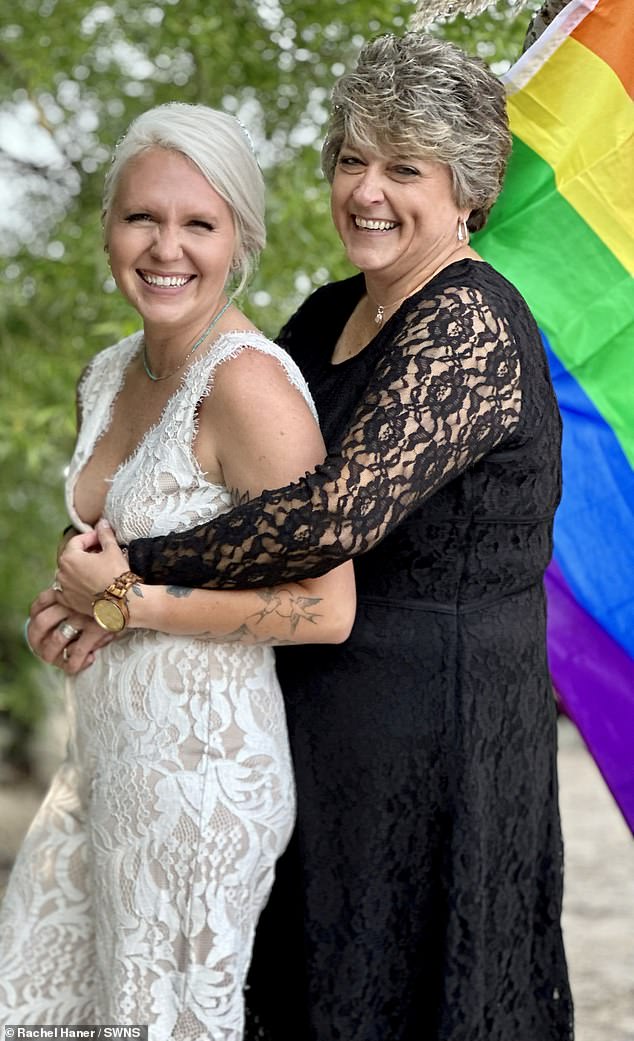 Monica and Michelle were married in an intimate ceremony on Lake Michigan with close friends and family (the couple is pictured above on their wedding day)