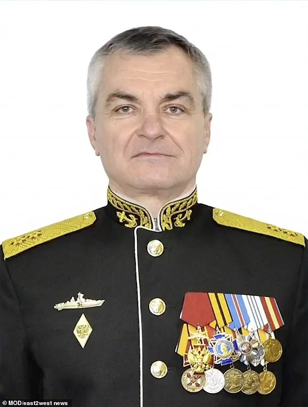 Ukraine claimed on Monday that Sokolov (pictured) was among 34 officers killed in a devastating rocket attack on the Black Sea Fleet headquarters in Sevastopol.