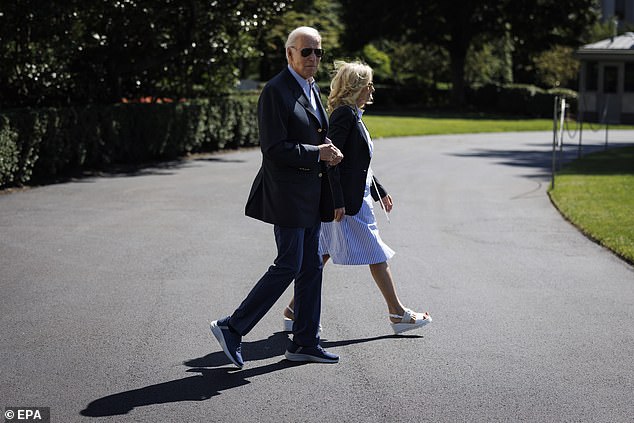 President Biden wears more sneakers – above, he dons the casual shoes in September as he leaves the White House with first lady Jill Biden