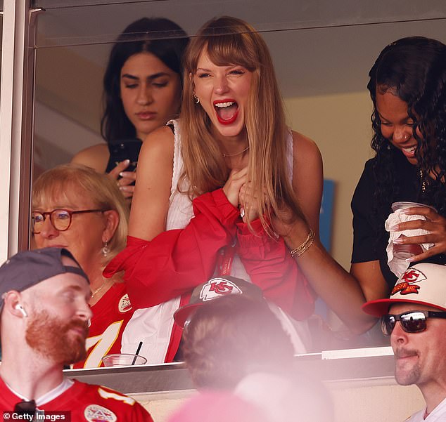 The Bad Blood hitmaker was spotted getting into the game hanging with Kelce's box at GEHA Field at Arrowhead Stadium