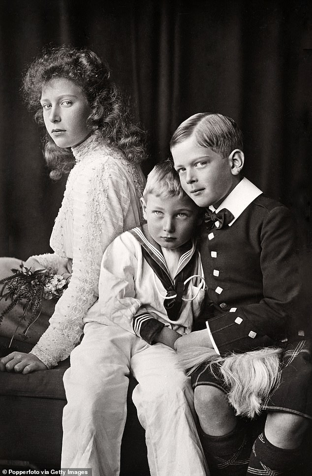 Pictured: King George V and Queen Mary's three youngest children: Princess Victoria Mary, Prince John and Prince George, later Duke of Kent, in 1909