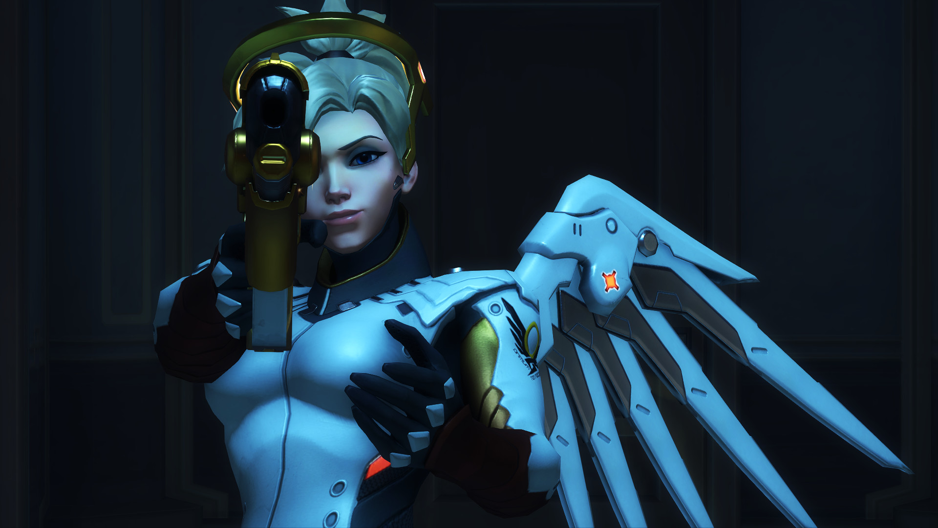 Mercy aims a golden gun in the sights in Overwatch