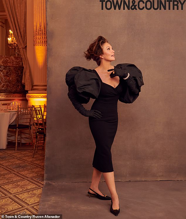 Socialite: Diane took on the role of socialite Nancy 'Slim' Keith.  She was styled in a figure-hugging black Dolce & Gabbana midi with dramatic puff sleeves.  Her hair was styled in a chic French twist and she wore Gucci slingback shoes and black opera gloves