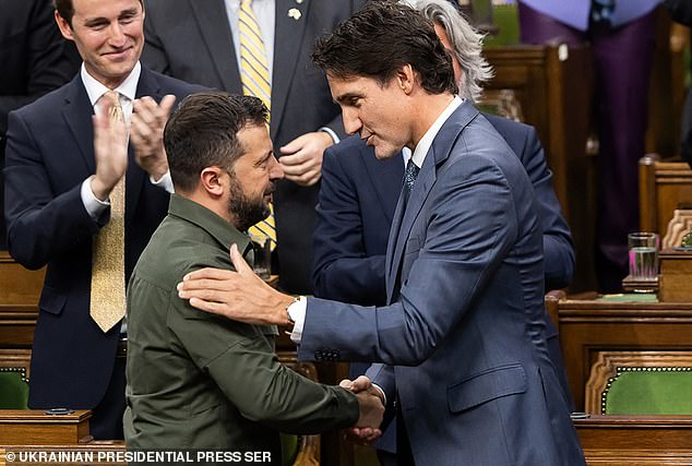 The scandal came as Ukrainian President Volodymyr Zelenskyy (left) addressed the Canadian parliament to bolster his country's support in the war with Russia as the conflict heads into the winter months.