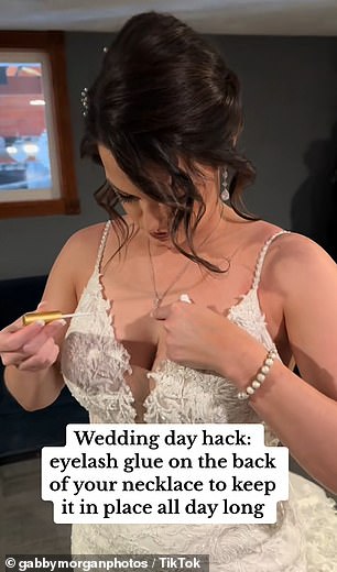 Gabby shared a video of one of her brides using eyelash glue to attach her necklace pendant to her chest as she got ready