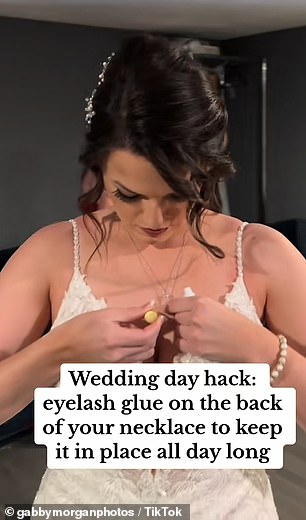 Gabby shared a video of one of her brides using eyelash glue to attach her necklace pendant to her chest as she got ready