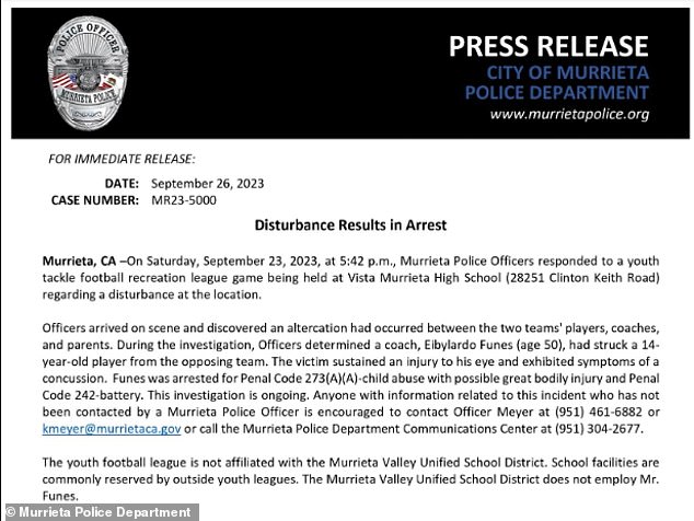 A news release from the Murietta Police Department detailing the September 23 incident