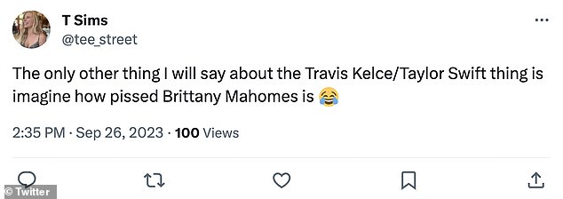 Social media is abuzz about Taylor's NFL performance and jokes that Brittany Mahomes might not be happy about the spotlight being taken away from her.  She has been spotted at almost every Kansas City Chief game with her two-year-old daughter Sterling
