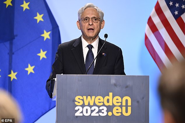 Attorney General Merrick B Garland participates in a press conference in Stockholm, Sweden, June 21, 2023