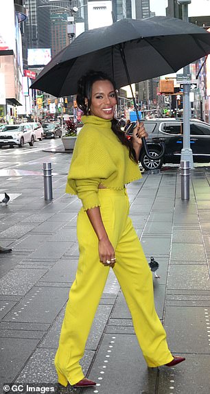 Accessories: The American Son actress carried a small neon yellow hobo-style bag and added a pop of color with red pumps