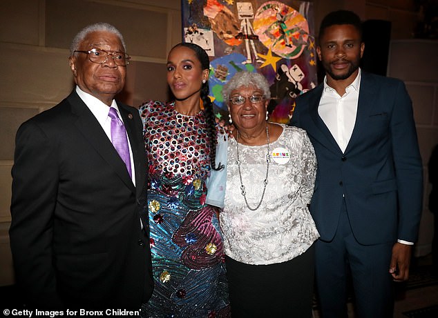 Ancestry: Kerry revealed she learned her father Earl was not her biological father, and that she was conceived via an anonymous sperm donor (pictured in The Bronx in May 2019 with father Earl, her mother, Valerie and husband Nnamdi Asomugha, 42)