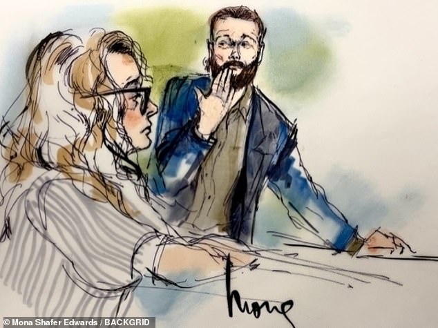 Masterson blew his wife a kiss in court as he was sentenced to 30 years behind bars, seen in a court sketch