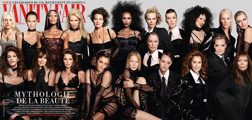 With her colleagues: Campbell also took center stage in the latest issue of Vanity Fair, in a shimmering maroon dress, alongside the other greatest supermodels the world has ever seen