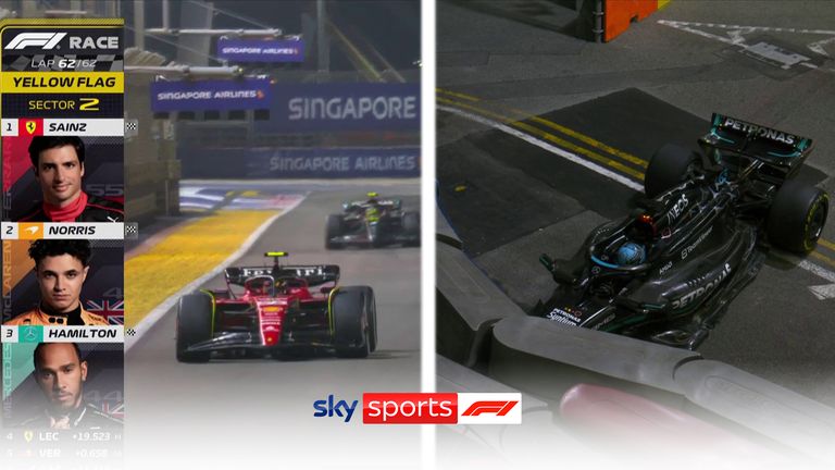 George Russell crashes on the final lap of a thrilling Singapore Grand Prix as Carlos Sainz holds on to victory, while Lando Norris and Lewis Hamilton complete the top three