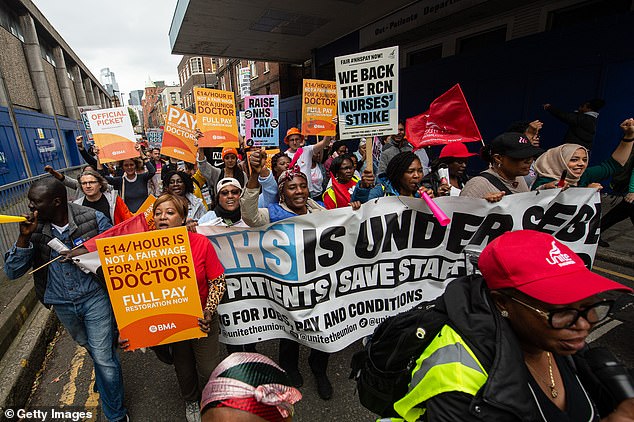 Four days of industrial action by doctors led to 130,000 operations and consultations being postponed last week, official new figures show (Image: Doctors strike in London last week)