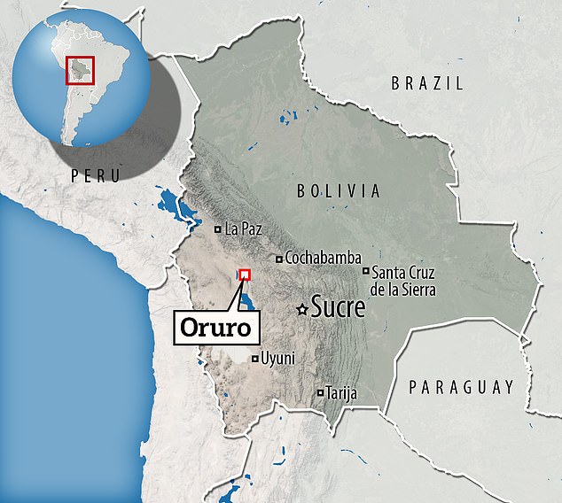 Oruro (shown on the map) is approximately 3,700 meters (12,000 feet) above sea level and is Bolivia's fifth largest city by population.  It is located approximately halfway between the capital La Paz and Sucre