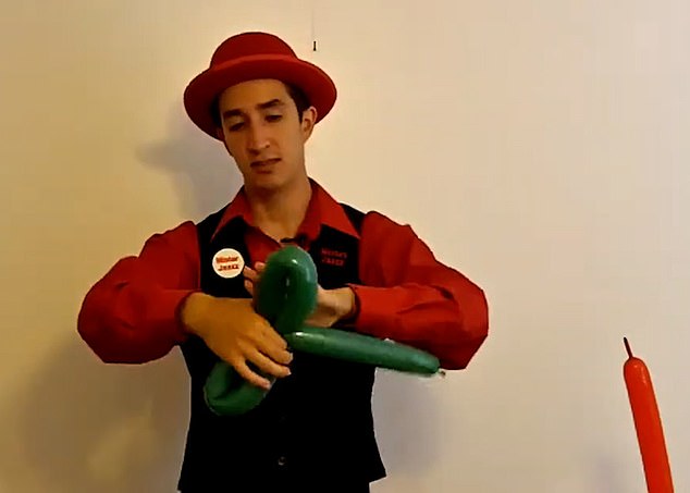 Videos from almost a decade ago (as pictured above) show the father of one in a red shirt, black vest and red bowler as he gives a balloon animal making tutorial on YouTube