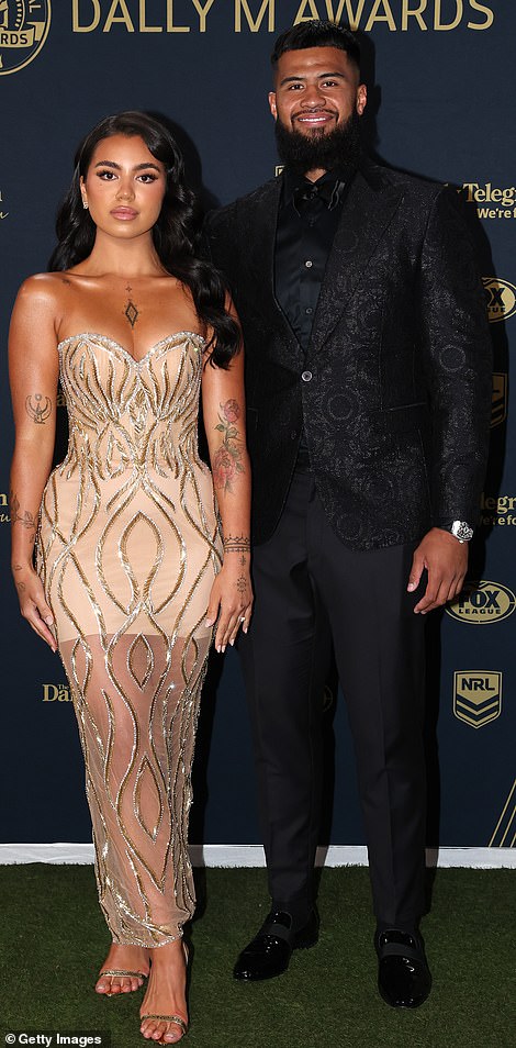 Dripping in gold was Leilani Mohenoa who arrived with boyfriend Payne Haas from the Broncos in a glittering number adorned with intricate beading that showed off her killer figure