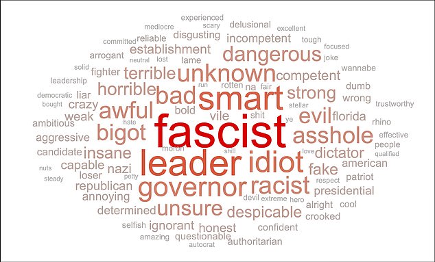 Most likely, voters describe Ron DeSantis with the word “fascist,” others call him a “leader,” and others say he is “racist” or “unknown.”