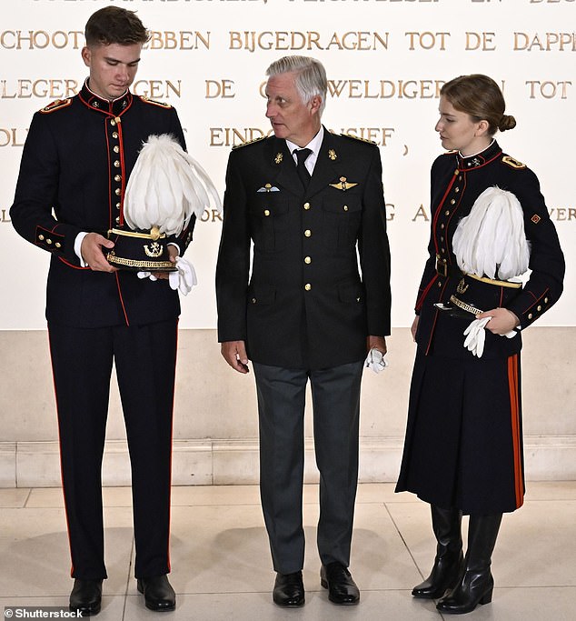 Princess Elisabeth was accompanied at the event by her younger brother Prince Gabriel, who was dressed in his own military uniform