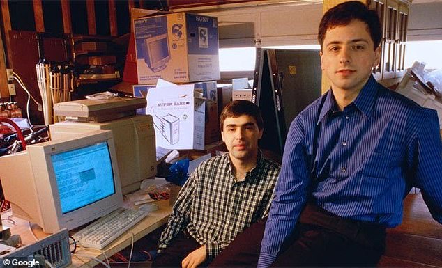 Google founders Larry Page (left) and Sergey Brin (right) in their first office, Susan Wojcicki's garage, in 1999