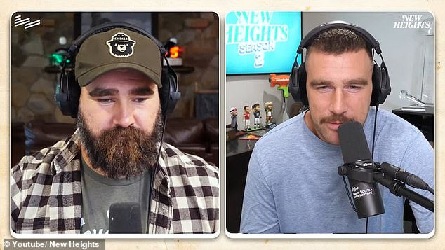 Travis (right) opened their podcast with his brother and fellow NFL star Jason (left).