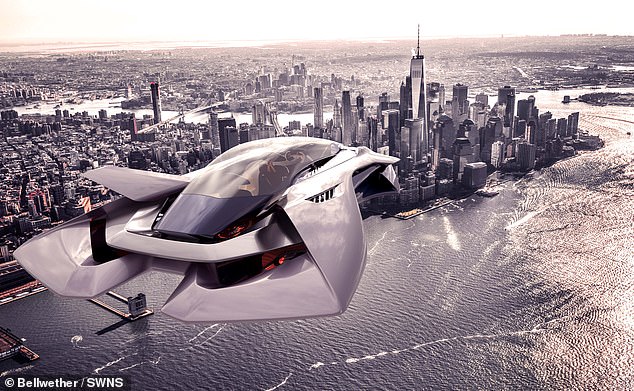 Investors around the world are pumping millions of dollars into flying taxi projects, which are going through several testing phases.  Pictured is an artist's impression of the VTOL of the British company Bellwether over New York