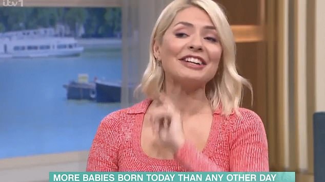 Funny: Holly explained that the rise in births is due to parents getting intimate over the Christmas period, which falls nine months earlier, and made a cheeky admission