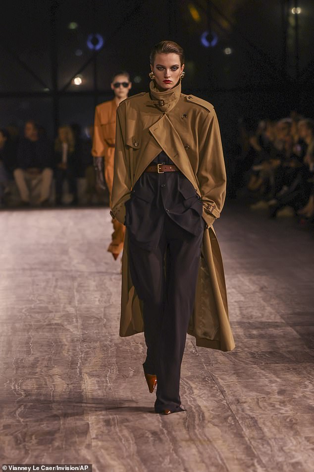 The main seasonal trend: a model walks the catwalk of the Yves Saint Laurent fashion show during Paris Fashion Week