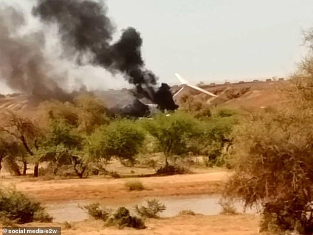 The plane (pictured on fire) was used by the Malian military, according to the Gray Zone Telegram channel, which is close to Wagner