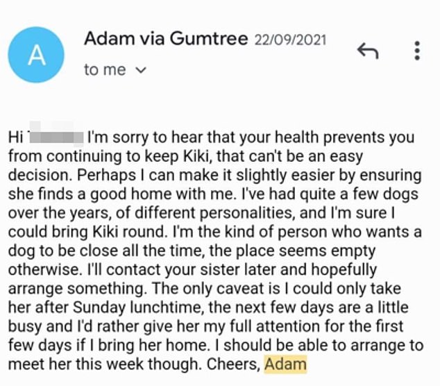 Pictured: Another email Britton sent to Kiki's owners, organizing to pick her up