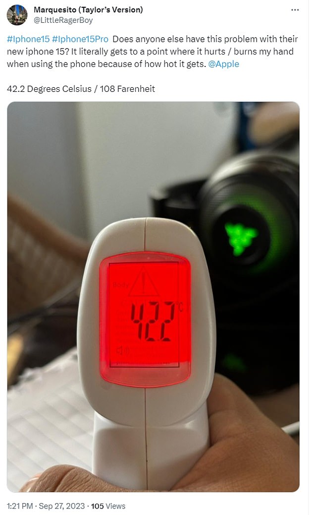 This X user claims the temperature of his iPhone 15 Pro was 108F after use.  Although iPhones do overheat, keep in mind that the device typically gets hotter within the first 24 hours of installation