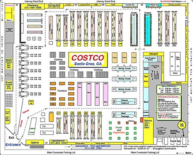 The uniform layout of most Costco warehouses also places physical barriers between thieves and inventory.  Employees monitor the entrance and exit and ensure that only members enter and that no unpaid items come out.  Pictured is the diagram of a typical warehouse