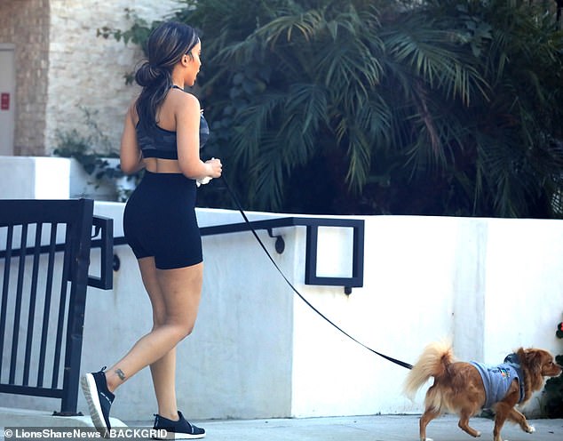 Taking a walk: She showed off her curves in the figure-hugging ensemble as she took her precious pooch for a walk