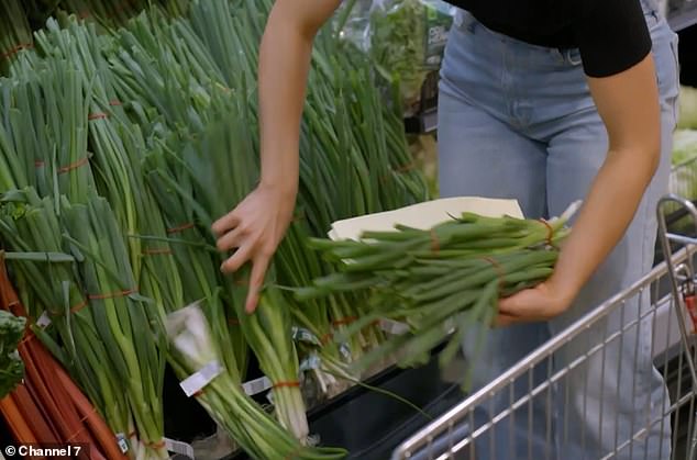 In one scene, a panicked Patricija was seen grabbing a bunch of shallots from a Woolworths display, before accidentally dropping a second bunch on the ground.