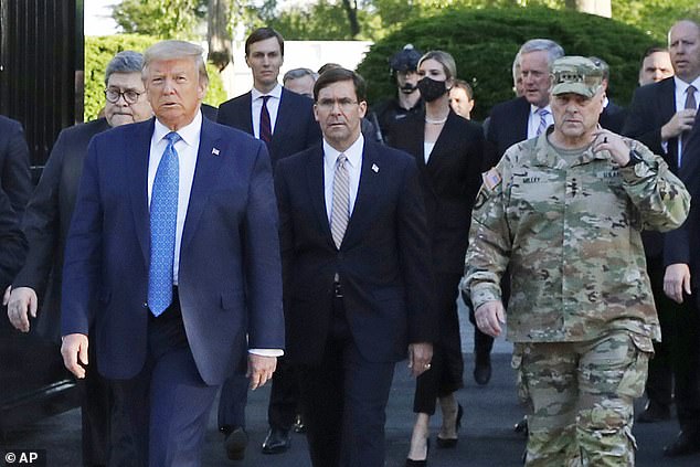 Former President Donald Trump leaves the White House to visit St. John's Church, in Washington, with General Milley in June 2020