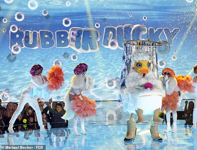 Cute performance: Black-ish star Anthony wore a Rubber Ducky costume, an elaborate sequined effervescent duck in a bathtub, when he walked on stage for the first time