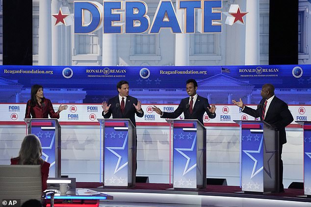 From left to right: Former UN Ambassador Nikki Haley, Florida Governor Ron DeSantis, businessman Vivek Ramaswamy and Senator Tim Scott on the debate stage