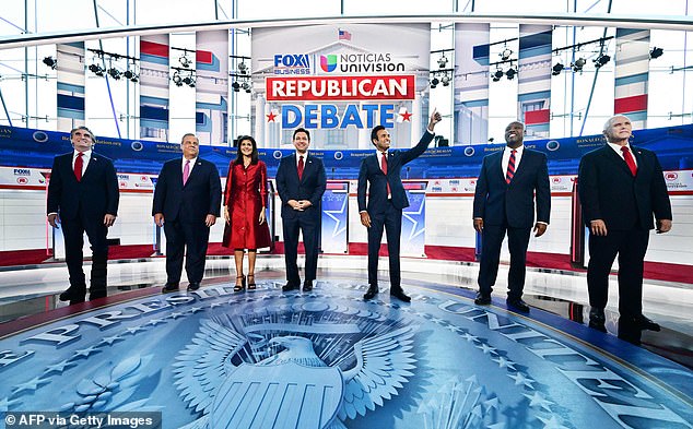 Seven Republican candidates took the stage at the Ronald Reagan Presidential Library in Simi Valley, California.  DeSantis was given the first spot in the middle of the lineup