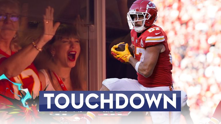 Patrick Mahomes of the Kansas City Chiefs finds the ever-reliable Travis Kelce in the end zone for the touchdown, while Taylor Swift celebrates in the Arrowhead crowd