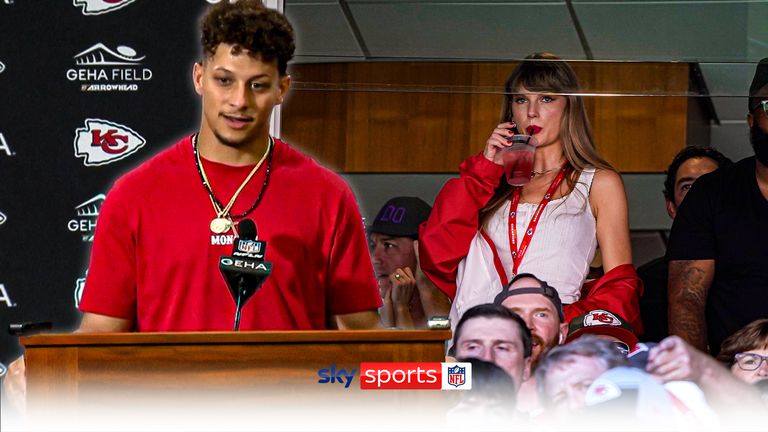 Patrick Mahomes says he hasn't met Taylor Swift yet, while Chiefs head coach Andy Reid joked he set the pop star up with Travis Kelce