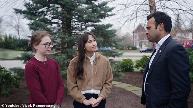 To make his point, Ramaswamy – a billionaire – mentioned that early in his campaign he encountered two young women – (from left) Katie Anderson and Chloe Cole – who switched as children but later regretted it as adults.