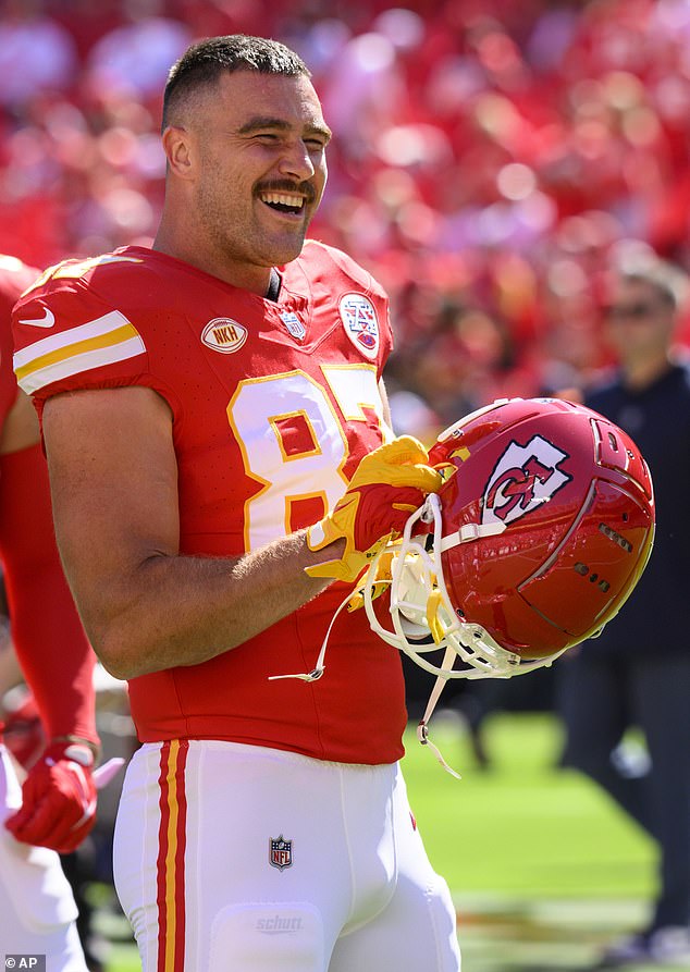 Sports star: A two-time Super Bowl champion, Kelce is considered one of the greatest football players of all time, regardless of his relationship with Taylor Swift;  seen on Sunday in Kansas City, Missouri