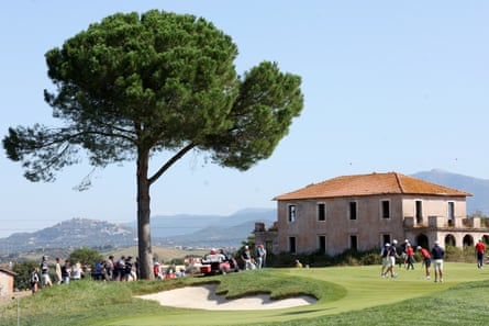 Collin Morikawa, Brian Harman, Rickie Fowler and Max Homa play the 13th hole during a practice round on Tuesday