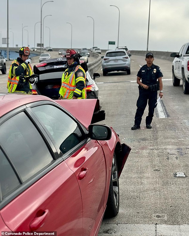 Photos posted by Coronado police show the aftermath of the three-car collision caused by two other vehicles crashing into the parked vehicle