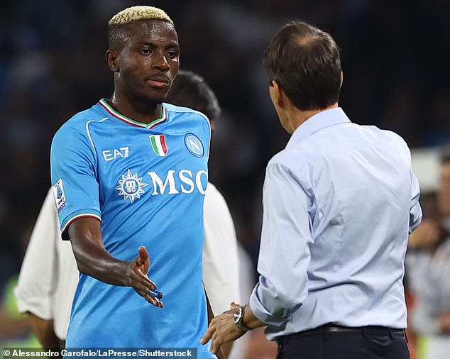 Osimhen shook hands with manager Rudi Garcia after coming off the pitch - after swearing at his manager when the same thing happened during a goalless draw against Bologna last weekend