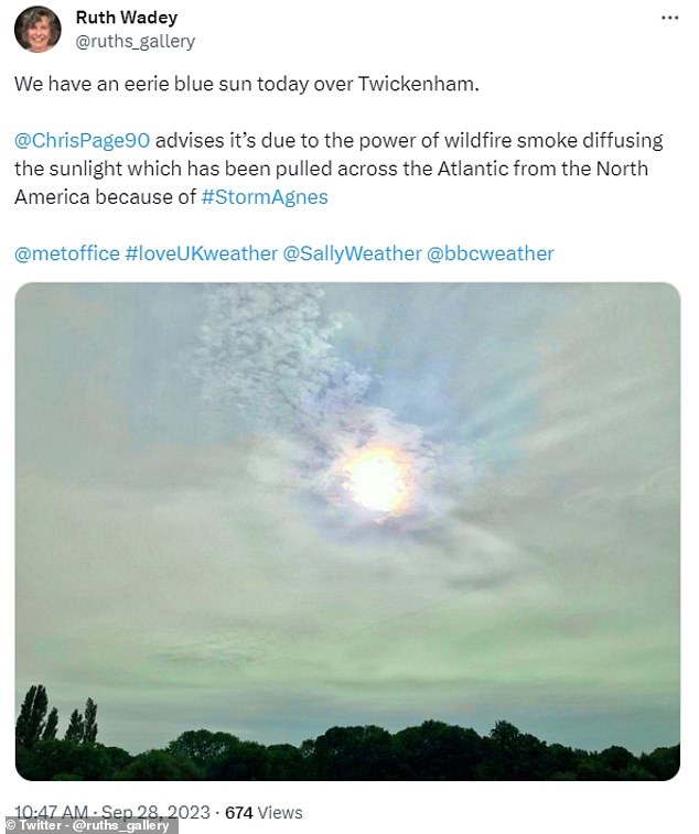 Photos of the bizarre phenomenon have flooded X (formerly Twitter), with one bewildered user writing: 'Gosh, never seen a blue sun before!'