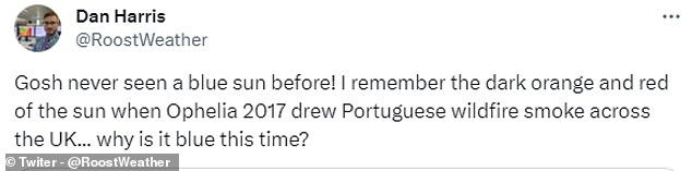Several confused users took to X this morning to talk about the blue sun.  'Gosh, I've never seen a blue sun before!'  wrote one user