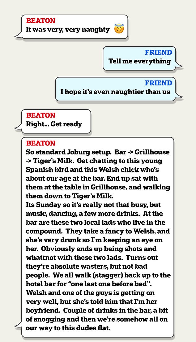 The boastful text messages Mr Beaton sent to a flight attendant about his sordid evening in Johannesburg